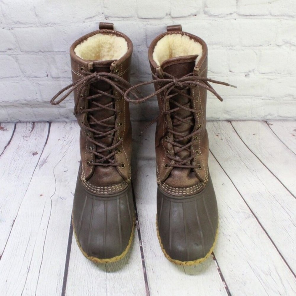 LL Bean 10" Shearling Lined Brown Leather Waterproof Duck Boots M 8 L 10 Narrow - Picture 5 of 9